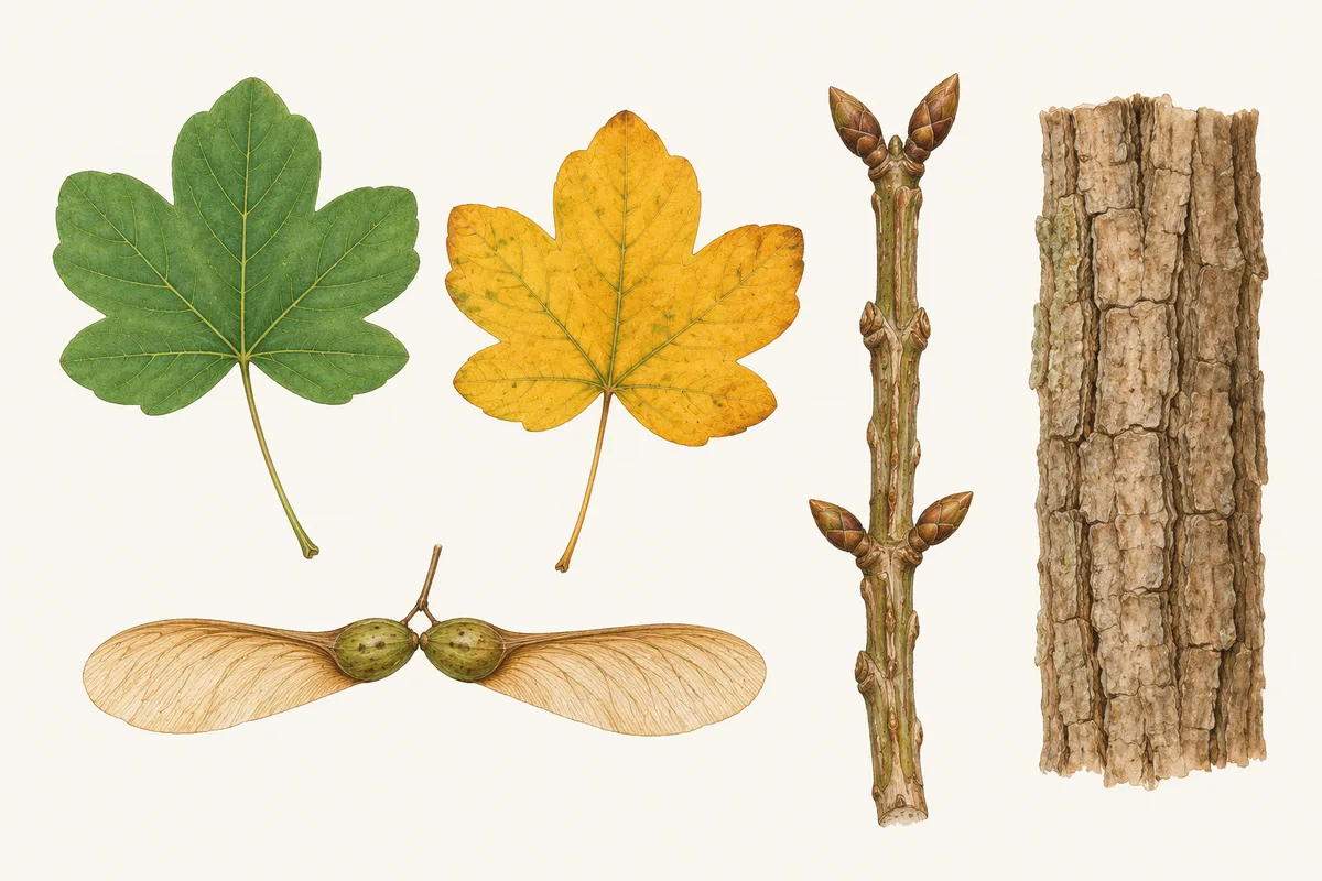 Illustration of field maple leaves in green and autumn yellow, a pair of seeds with level wings, a twig and bark