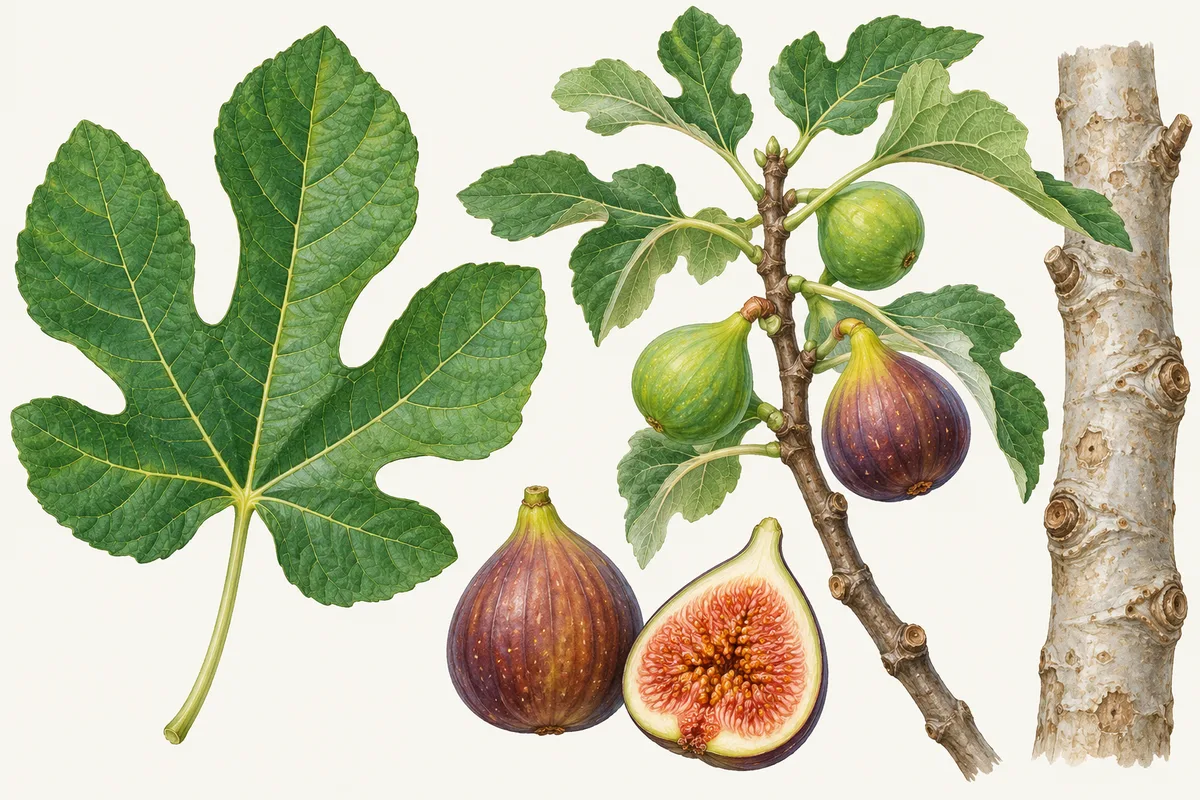 Illustration of fig: a deeply lobed leaf, a branch with green and purple figs, a fig cut in half to show the pink inside, and smooth grey bark