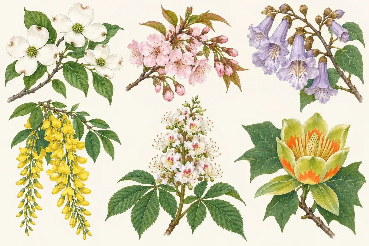 Illustration of tree flowers: dogwood, cherry blossom, paulownia trumpets, a hanging laburnum chain, a horse chestnut candle and a tulip tree flower