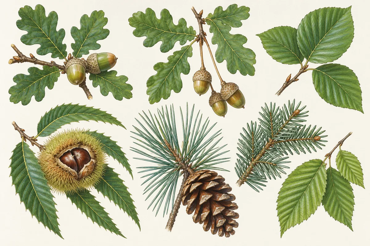 Illustration des arbres courants des forêts françaises : chênes, hêtre, châtaignier, pin maritime, sapin et charme