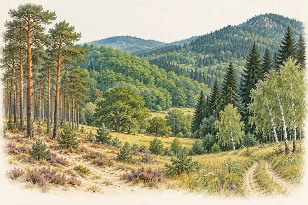 Illustration deutscher Wälder: Kiefern im Flachland, Buchen und Eichen im Hügelland, Fichten und Tannen im Bergland