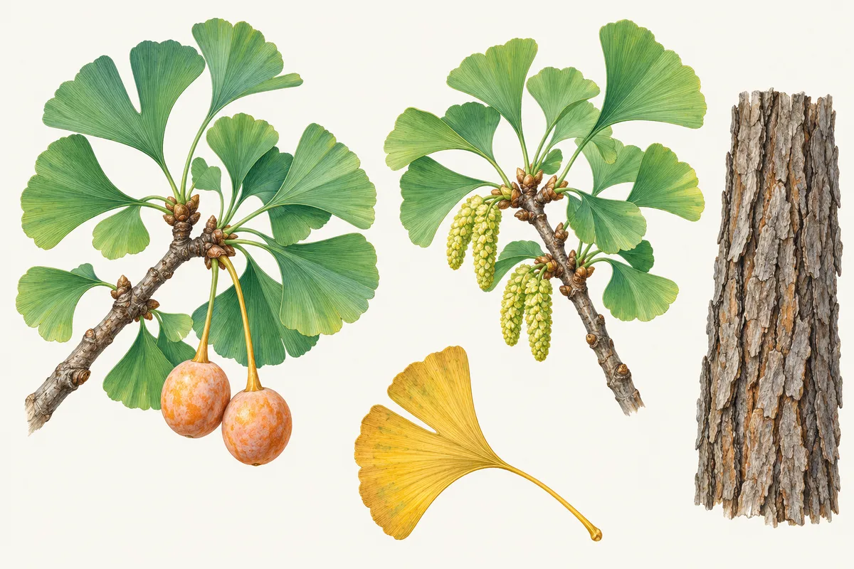 Illustration of two ginkgo twigs with fan-shaped leaves, a female twig with orange seeds and a male twig with pollen catkins, a golden autumn leaf and grey bark