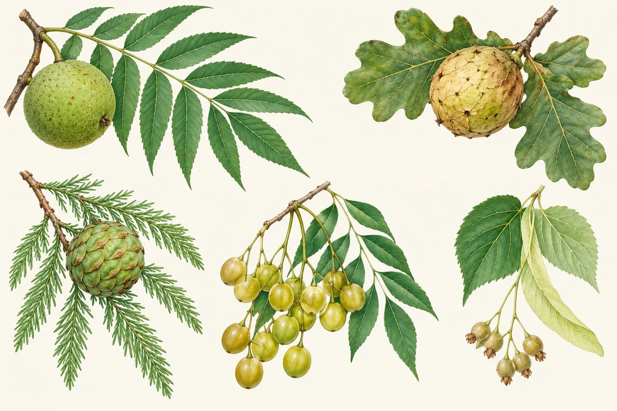 Illustration of green balls on trees: a walnut fruit, an oak apple gall on an oak leaf, a round cone, a cluster of round berries and small hanging fruits under a leaf