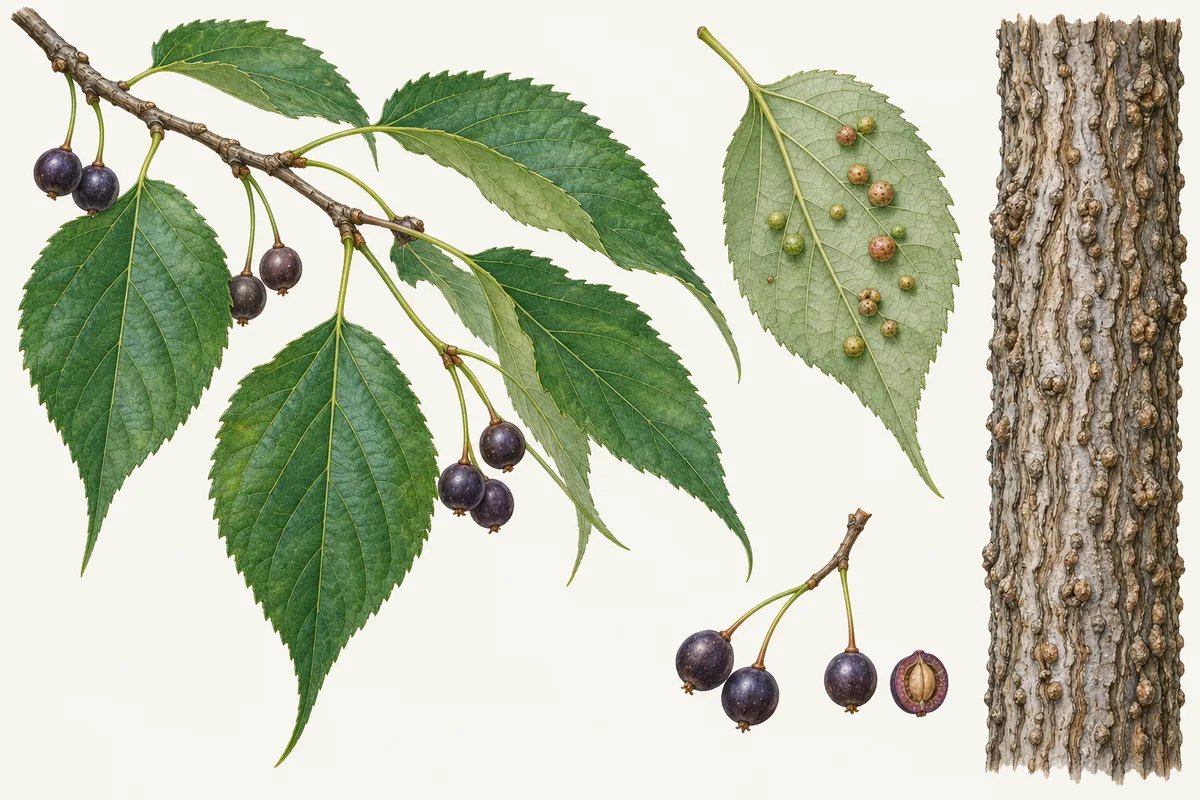 Illustration of a hackberry twig with lopsided toothed leaves and small dark fruits, a leaf with small galls, a split fruit and warty bark