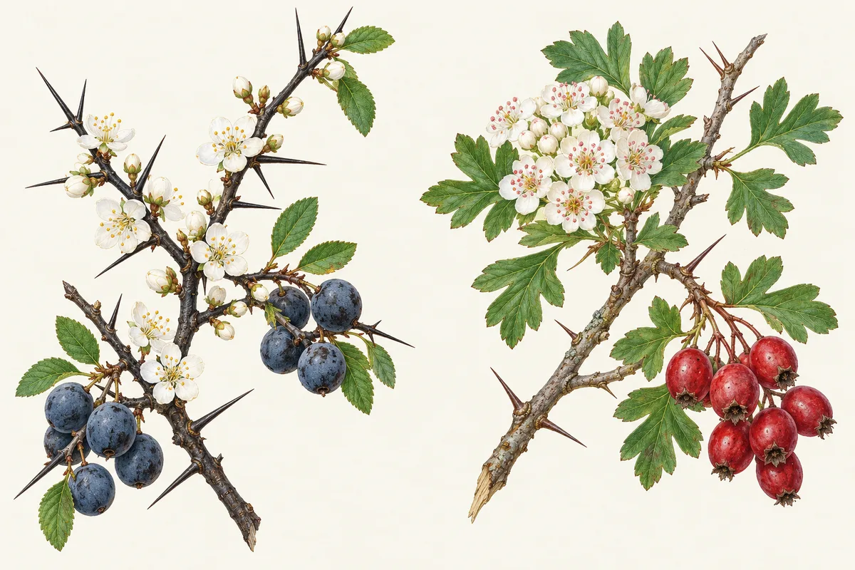 Illustration comparing blackthorn, with white flowers on bare twigs and sloes, and hawthorn, with lobed leaves, blossom and haws