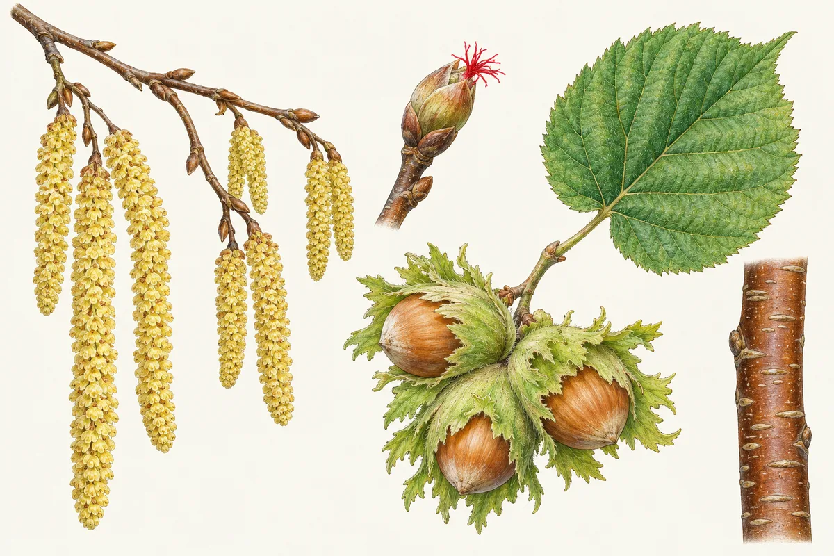 Illustration of hazel catkins, tiny red female flowers, a rounded leaf, hazelnuts in leafy husks and coppery bark