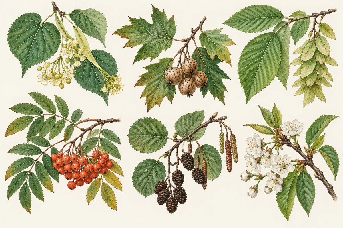 Illustration heimischer Laubbäume: Winterlinde, Elsbeere, Hainbuche, Eberesche, Schwarzerle und Vogelkirsche