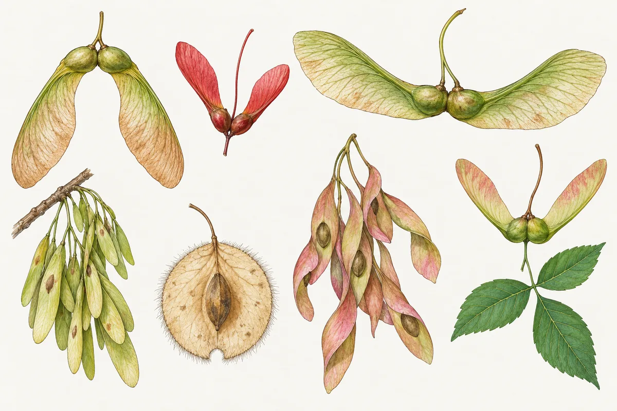 Illustration of winged helicopter seeds of sugar, red and silver maple, ash, American elm, tree of heaven and boxelder