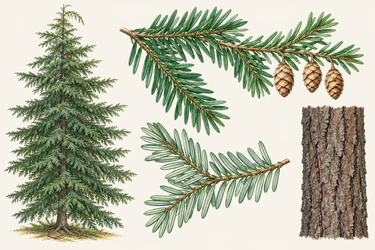 Illustration of an eastern hemlock with its drooping leader, flat sprigs seen from above and below, small hanging cones and furrowed bark
