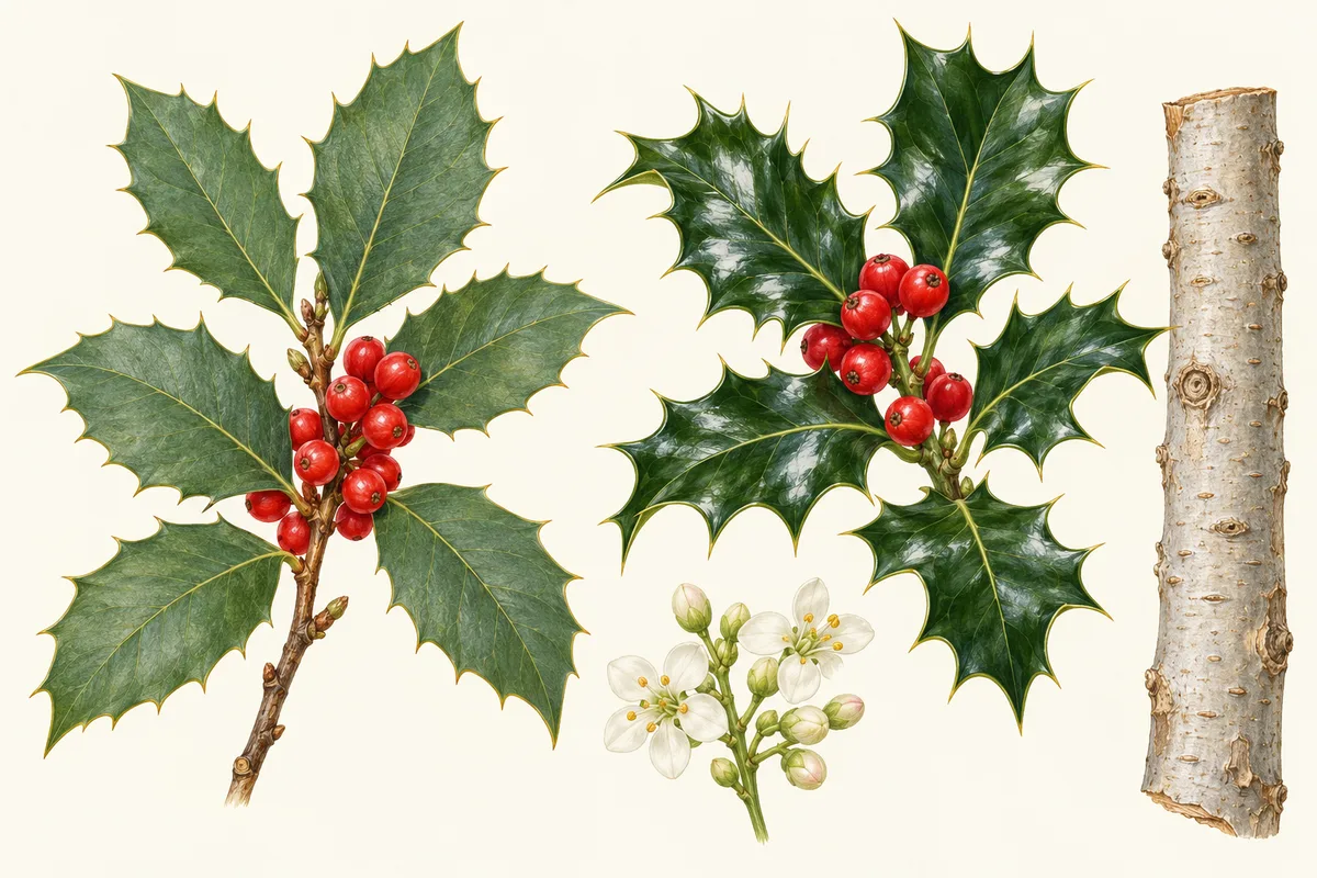 Illustration of two holly sprigs with spiny leaves and red berries, small white flowers and smooth grey bark