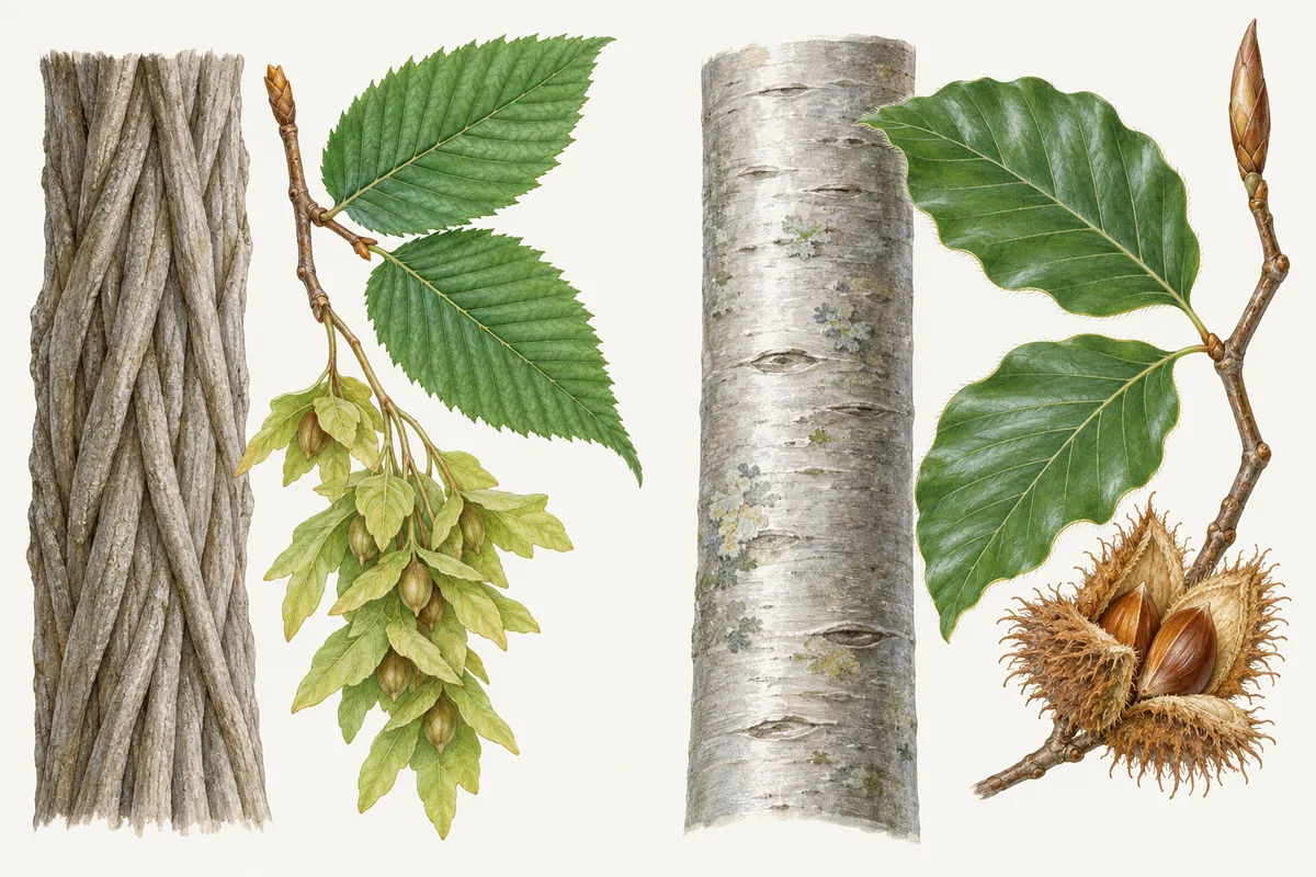 Illustration von Hainbuche und Rotbuche nebeneinander: links gedrehter gerippter Stamm, doppelt gesägte Blätter und geflügelte Fruchtstände, rechts glatte silbergraue Rinde, gewellte Blätter, eine spitze Knospe und eine offene Fruchthülle mit Bucheckern