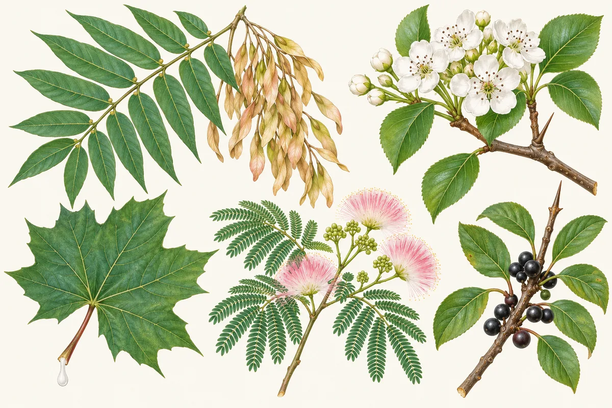 Illustration of invasive trees: tree of heaven leaves and seeds, Callery pear flowers, a Norway maple leaf, pink mimosa flowers and dark buckthorn berries