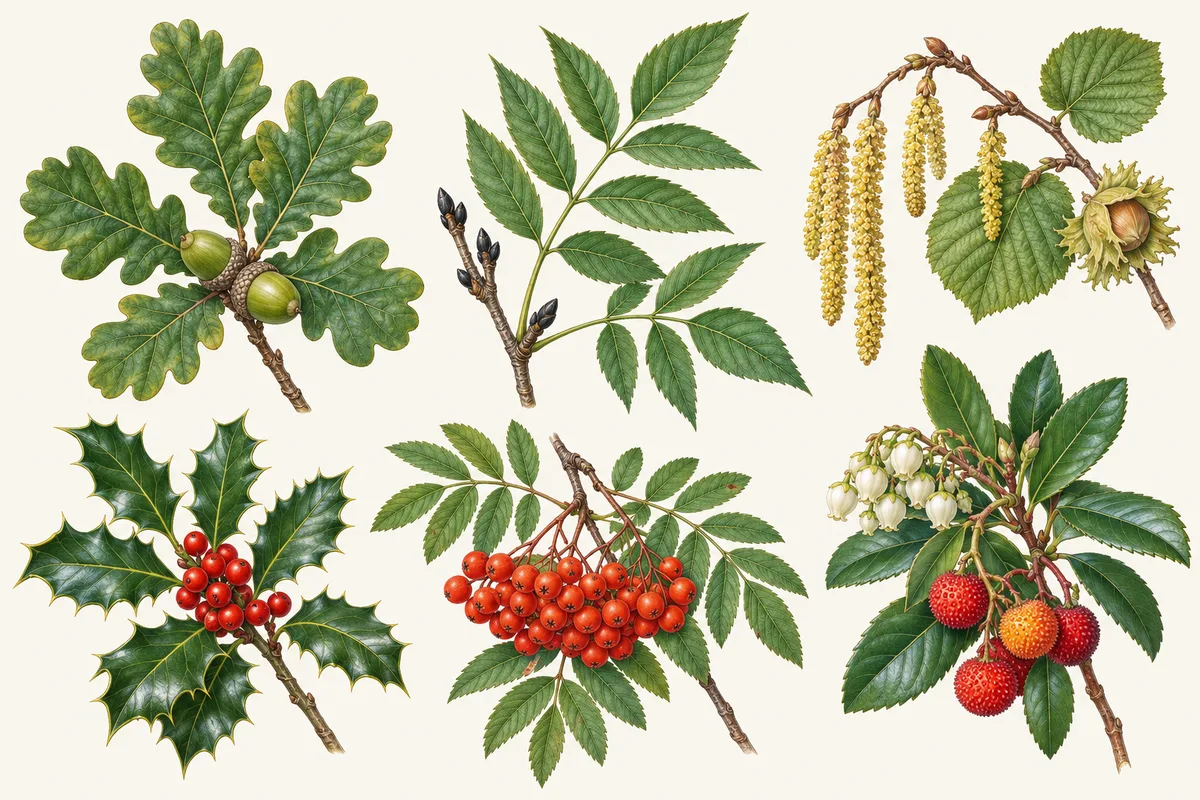 Illustration of an oak twig with acorns, an ash leaf with black buds, hazel catkins and nut, holly with berries, rowan berries and a strawberry tree sprig with flowers and red fruit