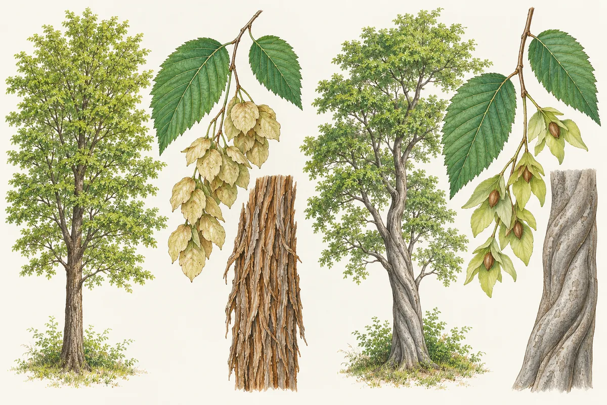 Illustration of the two eastern ironwoods: hophornbeam and American hornbeam trees, their leaves, hop-like and winged fruit clusters, shreddy bark and a smooth fluted trunk