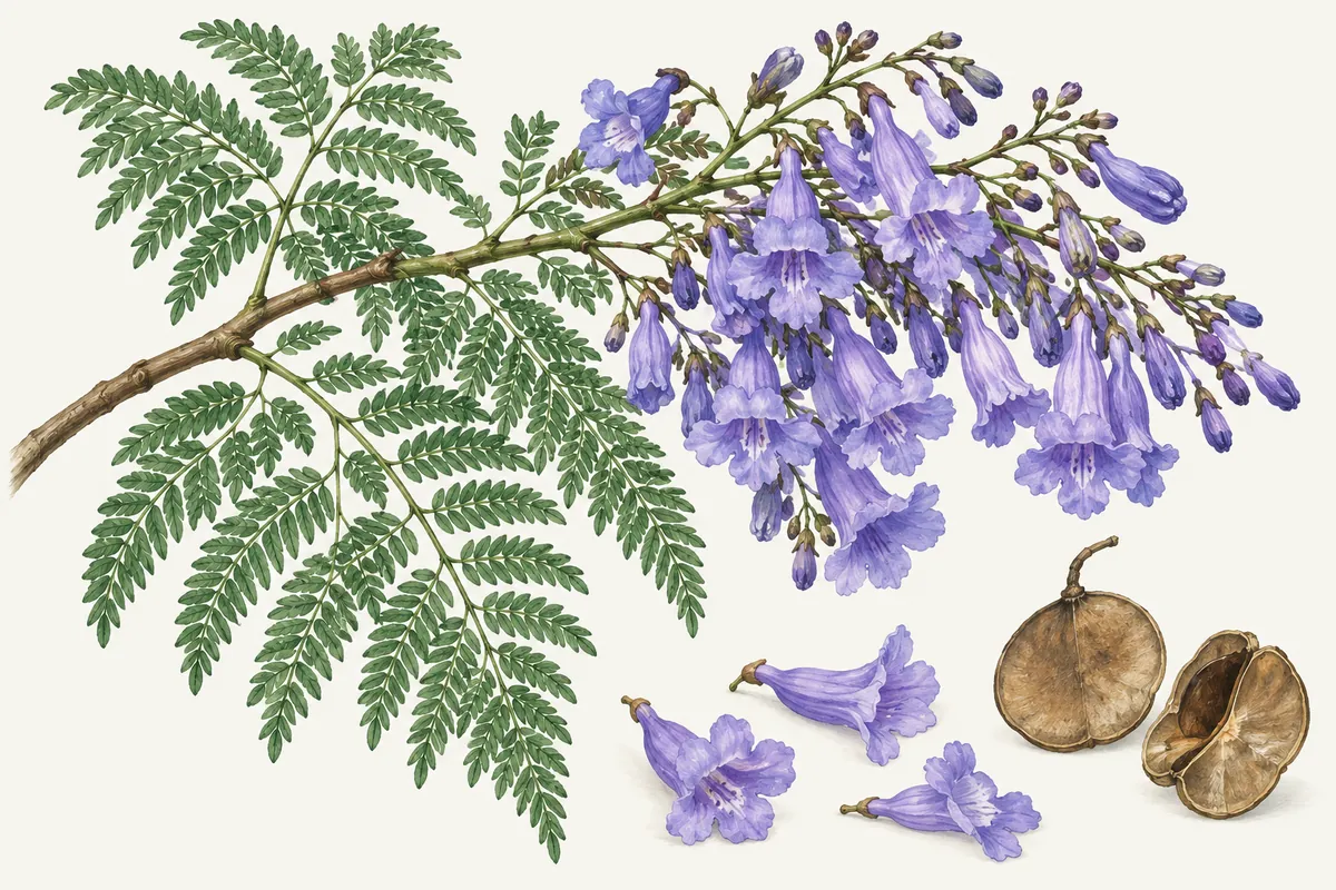 Illustration of a jacaranda branch with fern-like, twice-divided leaves, clusters of lavender-blue tubular flowers, fallen flowers and a flat round woody seed capsule split open
