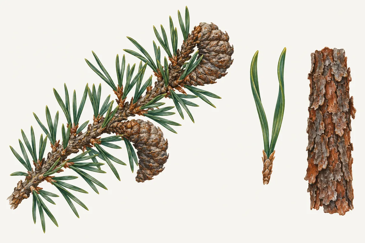 Illustration of a jack pine twig with short paired needles and two small curved cones hugging the branch, a single needle pair shown larger and a strip of flaky reddish-brown bark