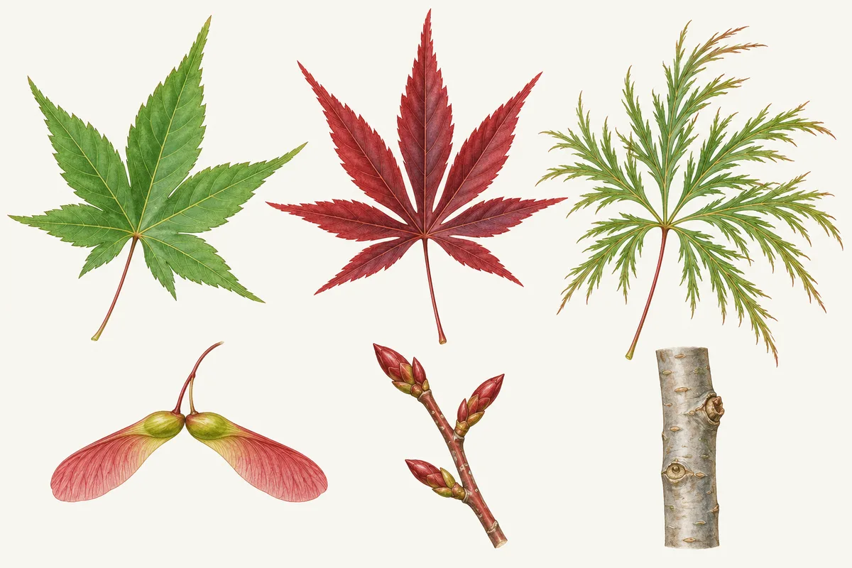 Illustration of Japanese maple leaves in green, red and finely cut lace-leaf forms, a red-winged seed pair, a budding twig and smooth grey bark