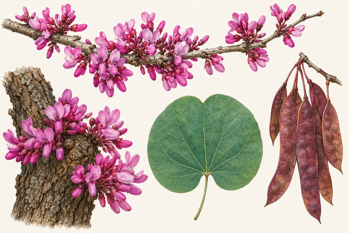 Illustration de l'arbre de Judée : grappes de fleurs rose magenta poussant directement sur une branche nue et sur le tronc, feuille ronde en cœur à la pointe arrondie et légèrement échancrée, et gousses plates pourpres pendantes