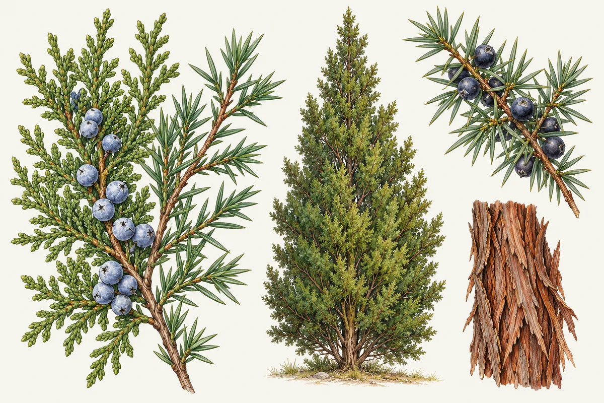 Illustration of junipers: a needle-leaved sprig with frosted blue berry-like cones, a conical juniper tree, a sprig of dark blue cones and a strip of shredding reddish bark