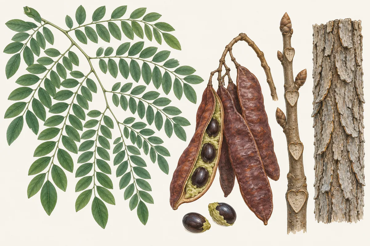 Illustration of Kentucky coffeetree: a large twice-compound leaf, thick reddish-brown pods with hard dark seeds, a stout bare twig and scaly ridged bark