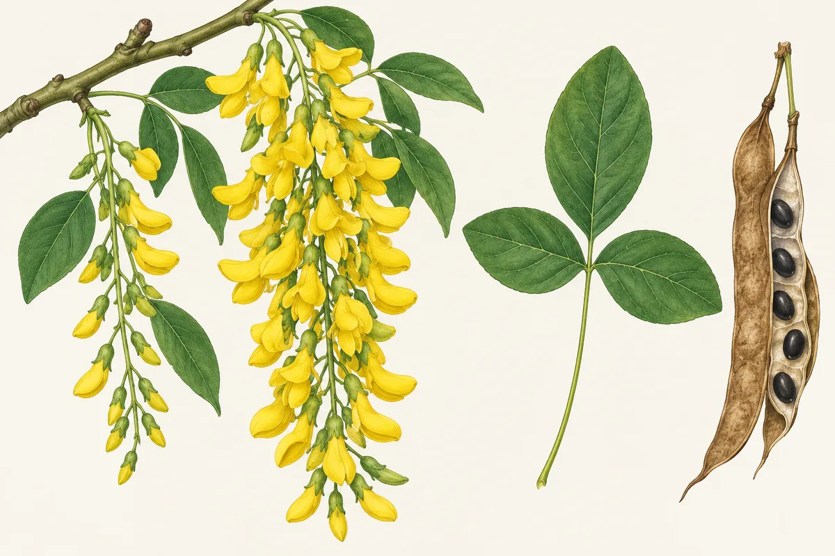 Illustration du cytise : longues grappes pendantes de fleurs jaunes en forme de papillon, feuille à trois folioles et gousse ouverte sur de petites graines noires