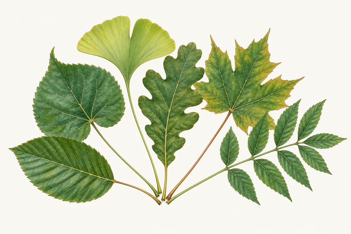 Illustration of six tree leaves fanned out like playing cards: linden, ginkgo, oak, maple, a toothed oval leaf and ash
