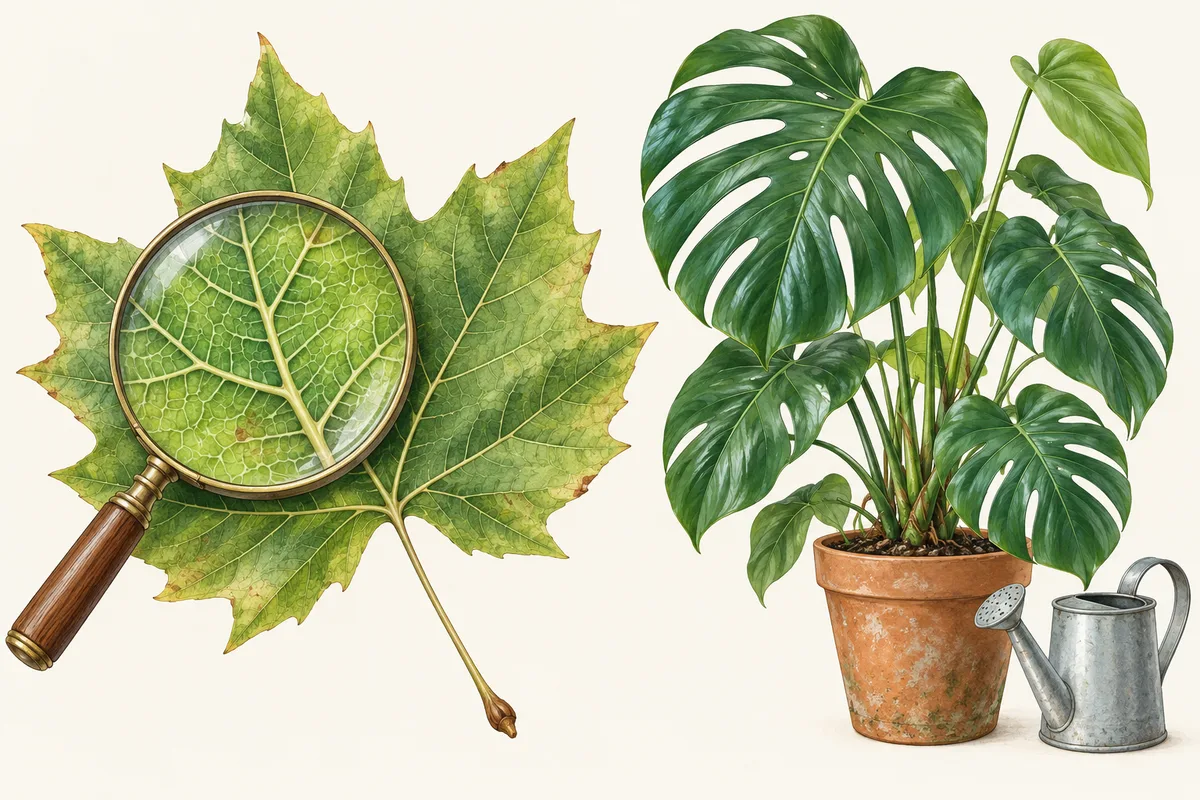 Illustration of a magnifying glass over a sycamore leaf beside a potted monstera and a watering can