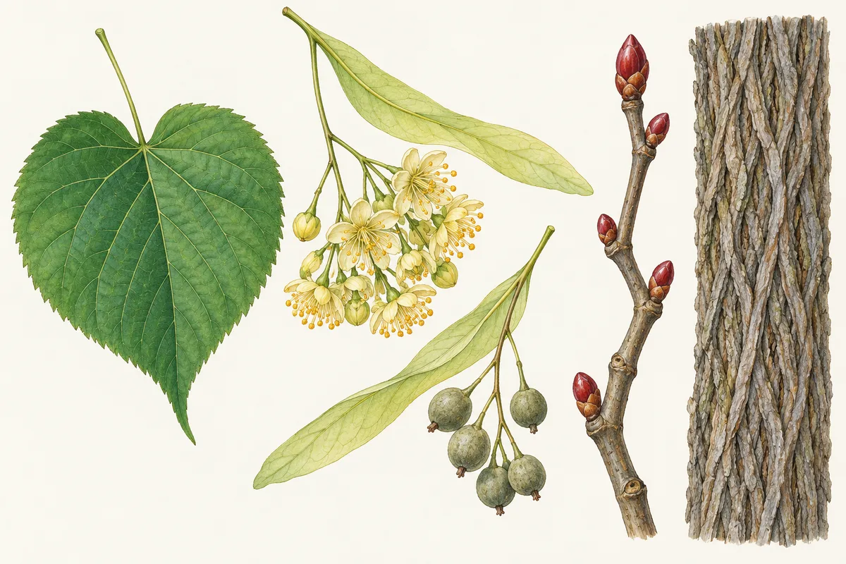 Illustration of a linden leaf, flowers and nutlets on their leafy bract, a red-budded winter twig and ridged grey bark