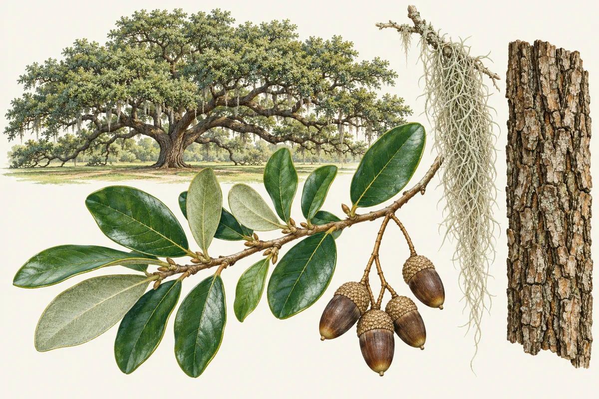 Illustration of a broad live oak hung with Spanish moss, a twig of leathery leaves and long acorns, a strand of moss and dark bark