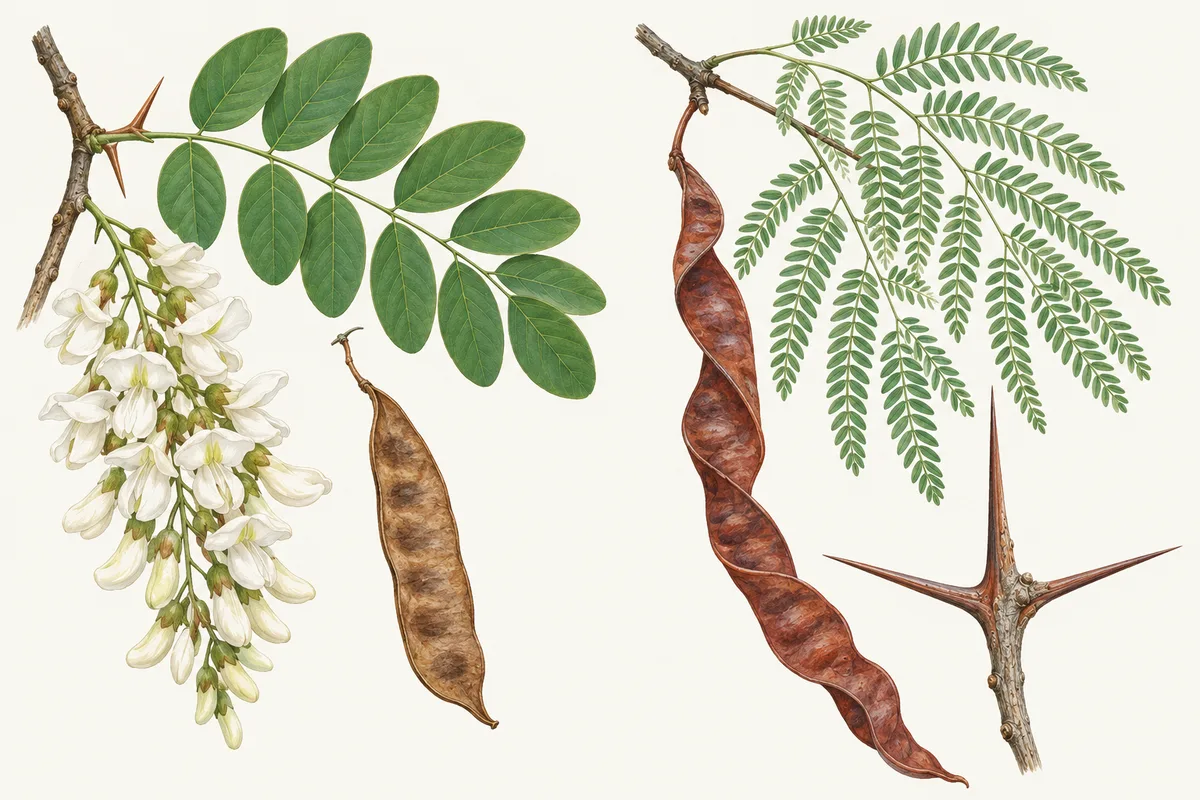 Illustration comparing black locust leaves, white flowers and pod with honey locust fern-like leaves, a twisted pod and a branched thorn