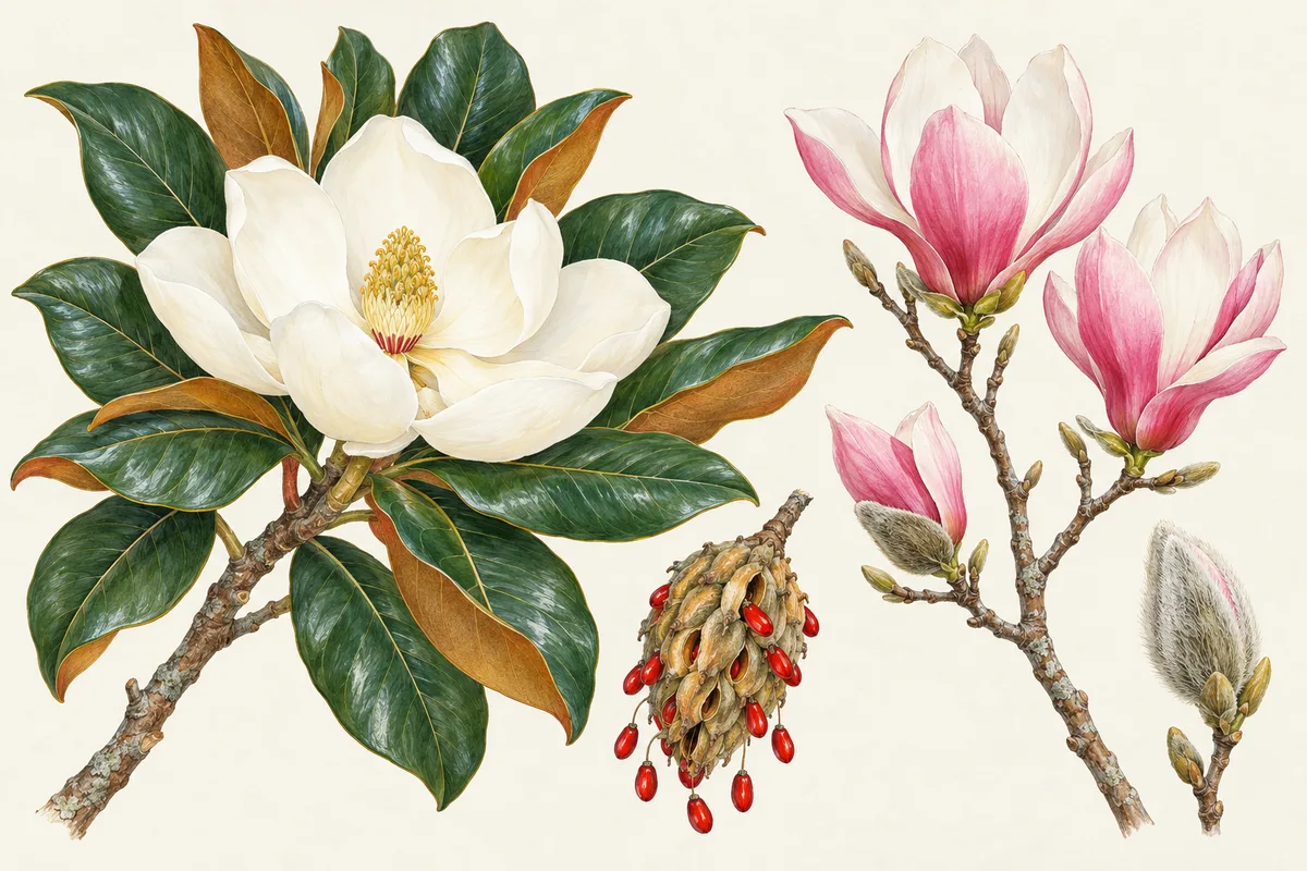Illustration of a southern magnolia leaf and white flower, a seed cone with red seeds, and pink saucer magnolia flowers