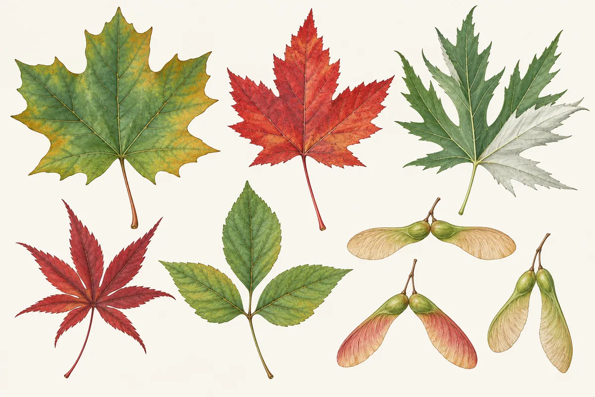 Illustration of sugar, red, silver and Japanese maple leaves, a three-leaflet boxelder leaf and pairs of maple seeds