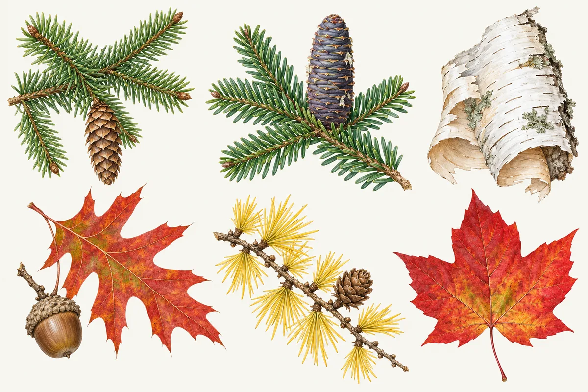 Illustration of spruce and fir sprigs with cones, peeling white birch bark, a red oak leaf with an acorn, a golden tamarack sprig and a red maple leaf