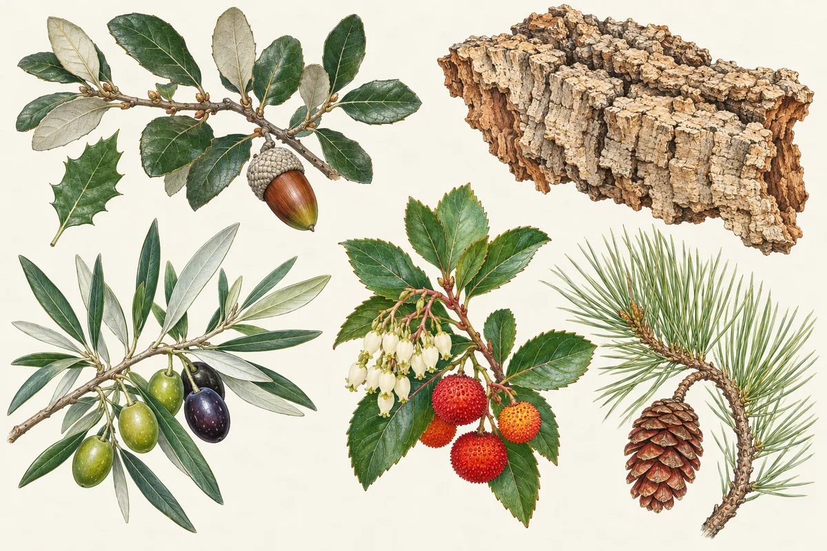 Illustration d'un rameau de chêne vert à gland, d'un morceau d'écorce de chêne-liège, d'un rameau d'olivier aux olives vertes et noires, d'un arbousier en fleurs et en fruits et d'une pousse de pin d'Alep à cône