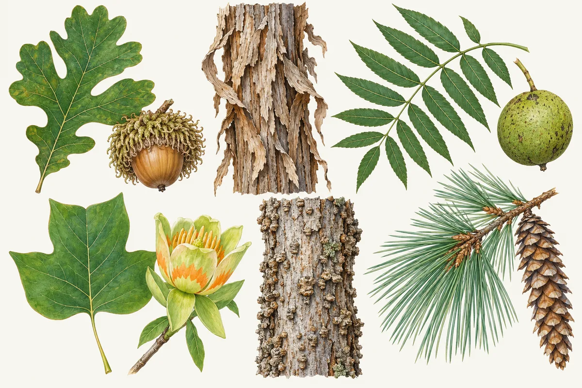 Illustration of a bur oak leaf and acorn, shaggy hickory bark, a walnut leaf and nut, a tulip tree leaf and flower, warty bark and a white pine branch with a cone