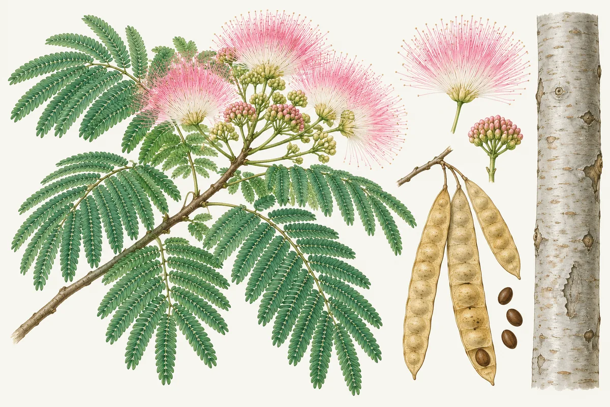 Illustration of a mimosa branch with feathery leaves and pink powder-puff flowers, flat seed pods and smooth bark
