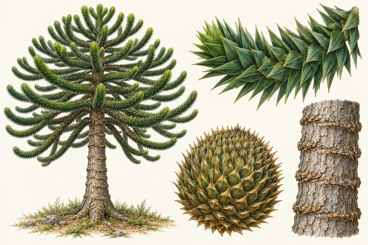Illustration of monkey puzzle: the domed tree on a bare trunk, a branch covered in stiff overlapping pointed leaves, a round spiky seed cone and the ringed grey trunk