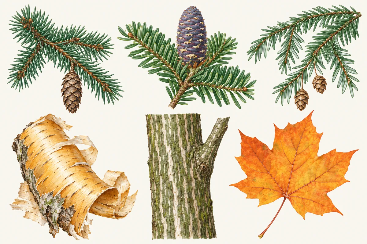 Illustration of spruce, fir and hemlock sprigs with cones, peeling birch bark, a striped bark section and an orange maple leaf