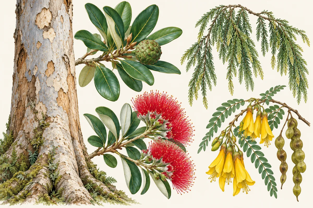 Illustration of a kauri trunk with flaking grey bark and a kauri sprig with a cone, a drooping rimu branchlet, pōhutukawa with crimson brush flowers and kōwhai with yellow flowers and a pod