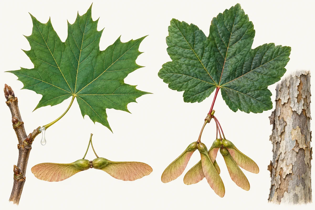 Illustration comparing Norway maple and sycamore: a Norway maple leaf with a drop of milky sap and wide-spread seeds, beside a darker sycamore leaf, V-shaped seeds and flaking bark