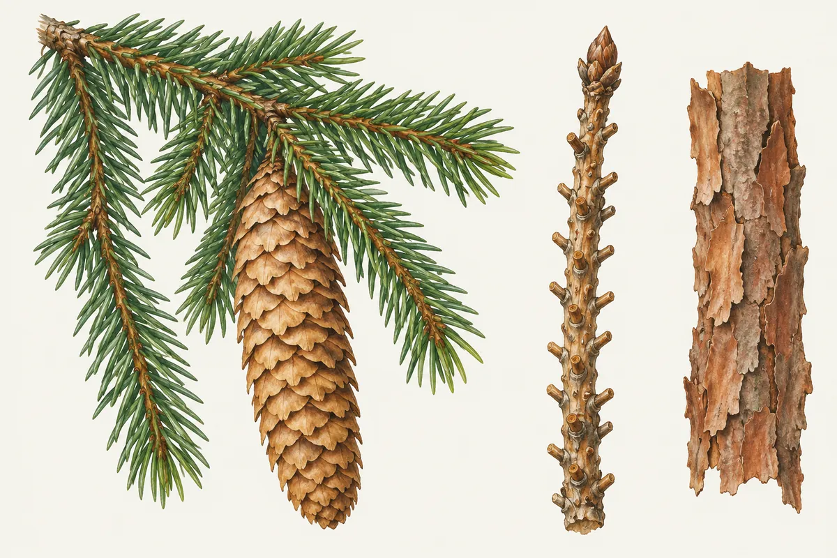 Illustration einer Gemeinen Fichte: hängender Zweig mit spitzen Nadeln, ein langer hängender Zapfen, ein entnadelter Zweig mit Nadelkissen und ein Stück rotbraune Schuppenborke