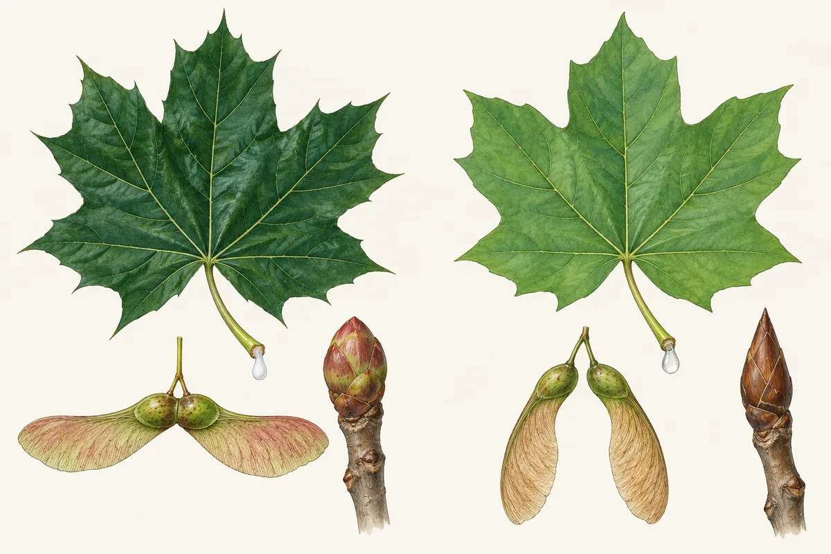 Illustration of a Norway maple leaf beside a sugar maple leaf, each with its leaf stalk, winged seeds and bud