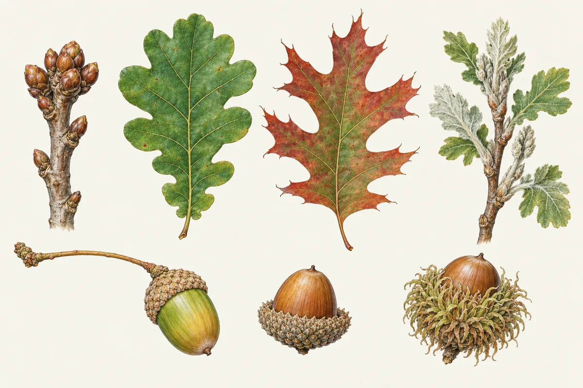 Illustration von Eichenmerkmalen: gehäufte Knospen an der Zweigspitze, ein Stieleichenblatt, ein Roteichenblatt mit Grannenspitzen, ein filziger Flaumeichenzweig und drei Eicheln mit unterschiedlichen Fruchtbechern