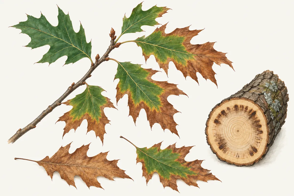 Illustration of a red oak twig whose bristle-tipped leaves turn bronze-brown from the edges inward, two fallen leaves and a cut branch with dark streaks in the outer wood