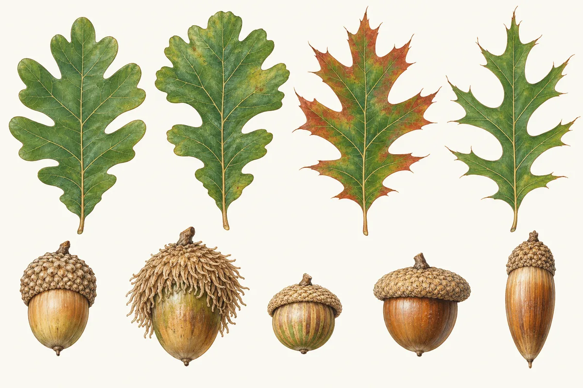 Illustration of four oak leaves, rounded lobes for the white oak group and bristle-tipped lobes for the red oak group, above five different acorns