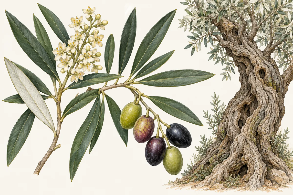 Illustration de l'olivier : rameau aux feuilles étroites et coriaces, l'une retournée sur son revers argenté, petite grappe de fleurs blanc crème, olives passant du vert au noir et vieux tronc gris, tordu et creusé