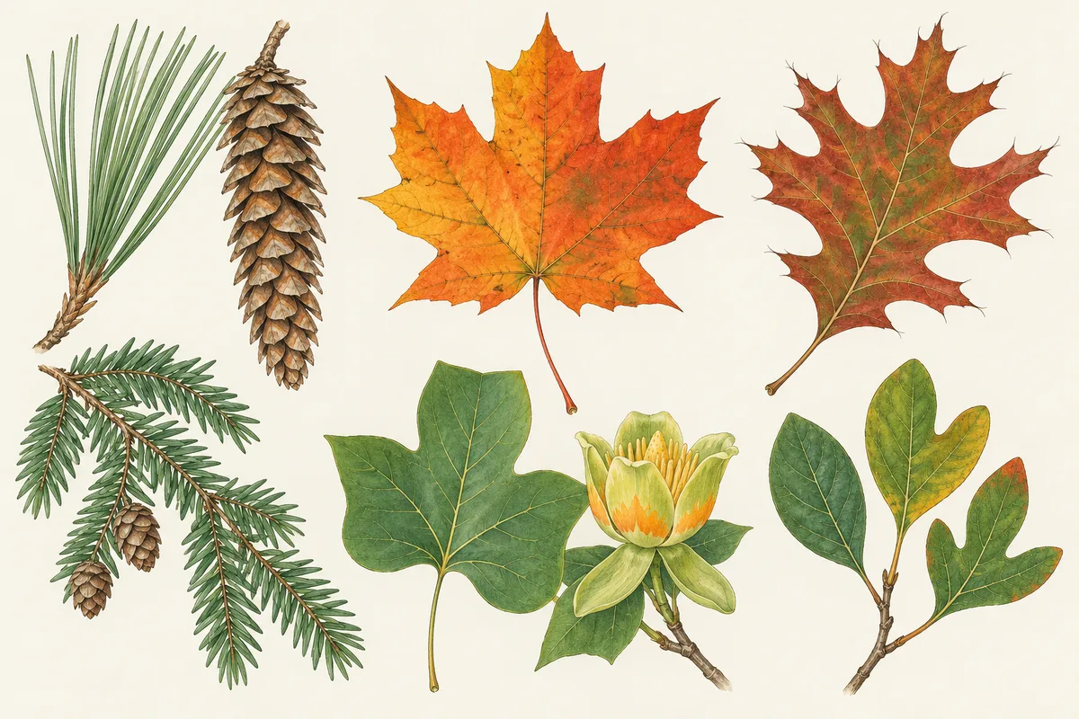Illustration of Ontario trees: eastern white pine, sugar maple, red oak, eastern hemlock, tulip tree and sassafras