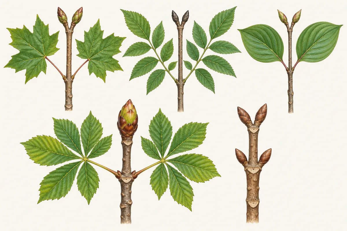 Illustration of opposite branching: maple, ash, dogwood and horse chestnut twigs, each with leaves and buds in pairs facing each other across the stem