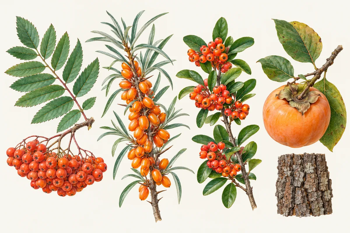 Illustration of orange tree fruits: a rowan berry cluster, sea buckthorn berries on a silvery twig, firethorn berries and a persimmon