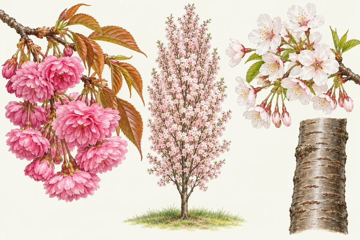 Illustration japanischer Zierkirschen: Zweig der Kanzan-Kirsche mit hängenden, dicht gefüllten rosa Blüten und bronzefarbenem Austrieb, eine schmale säulenförmige Amanogawa-Kirsche, weiße Yoshino-Blüten mit rosa Mitte und glatte Kirschrinde mit Querbändern